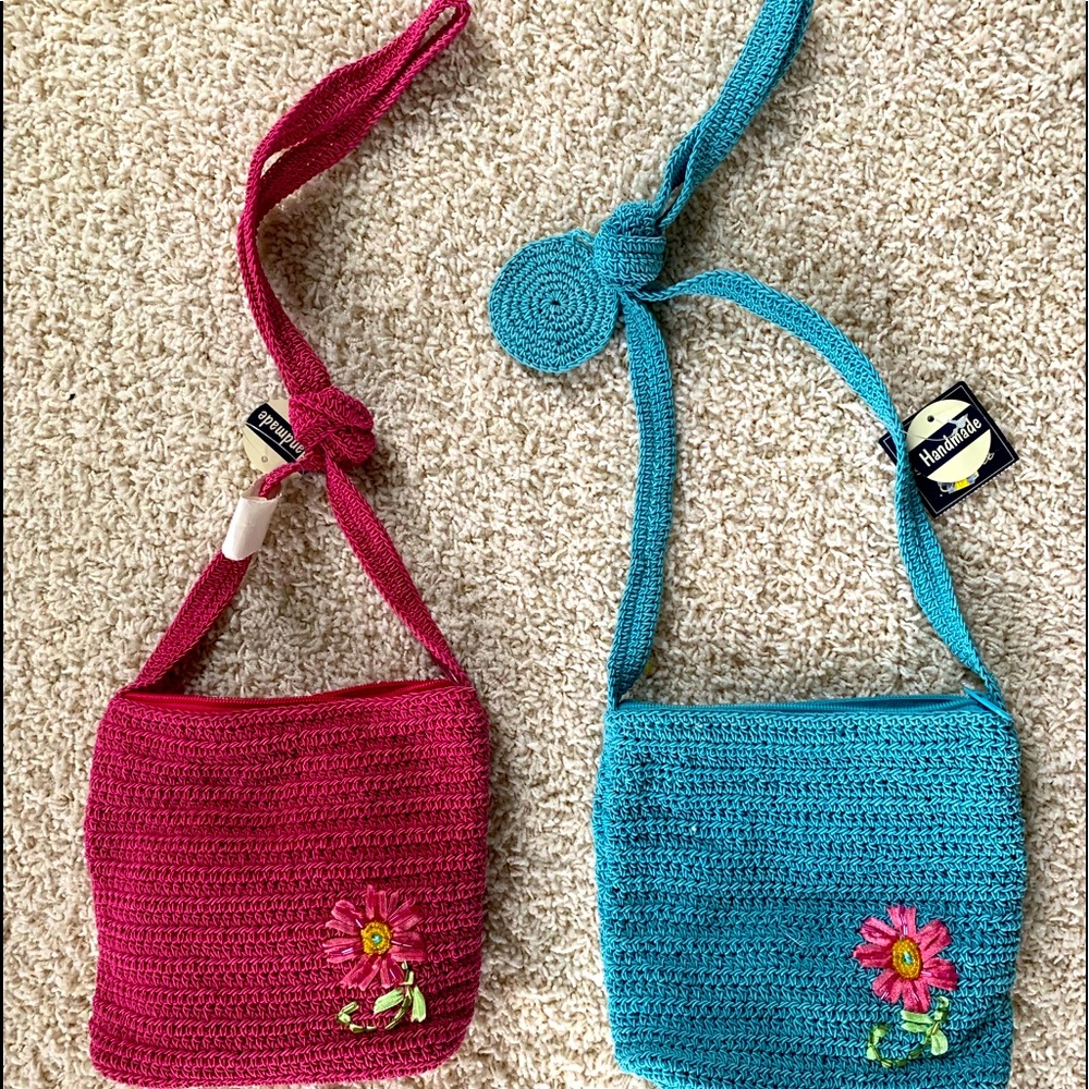 Handmade Set 2 Girls Knit Crossbody Purses